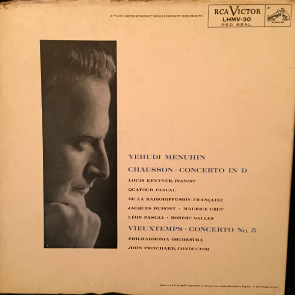Concerto In D / Concerto No. 5 by Chausson, Vieuxtemps, Yehudi Menuhin, Louis Kentner, Quatuor Pascal, Philharmonia Orchestra, John Pritchard