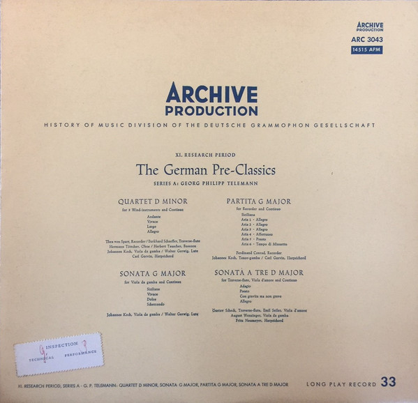 G.P. Telemann: Quartet D Minor, Sonata G Major, Partita G Major, Sonata A Tre D Major by Thea von Sparr, Burkhardt Schaeffer, Hermann Töttcher, Herbert Tauscher, Johannes Koch, Walter Gerwig, Carl Gorvin, Ferdinand Conrad, Gustav Scheck, Emil Seiler, August Wenzinger, Fritz Neumeyer