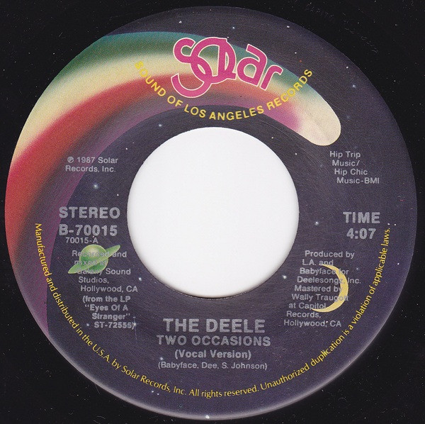 Two Occasions by The Deele physical vinyl pressing cover artwork on VinVibe